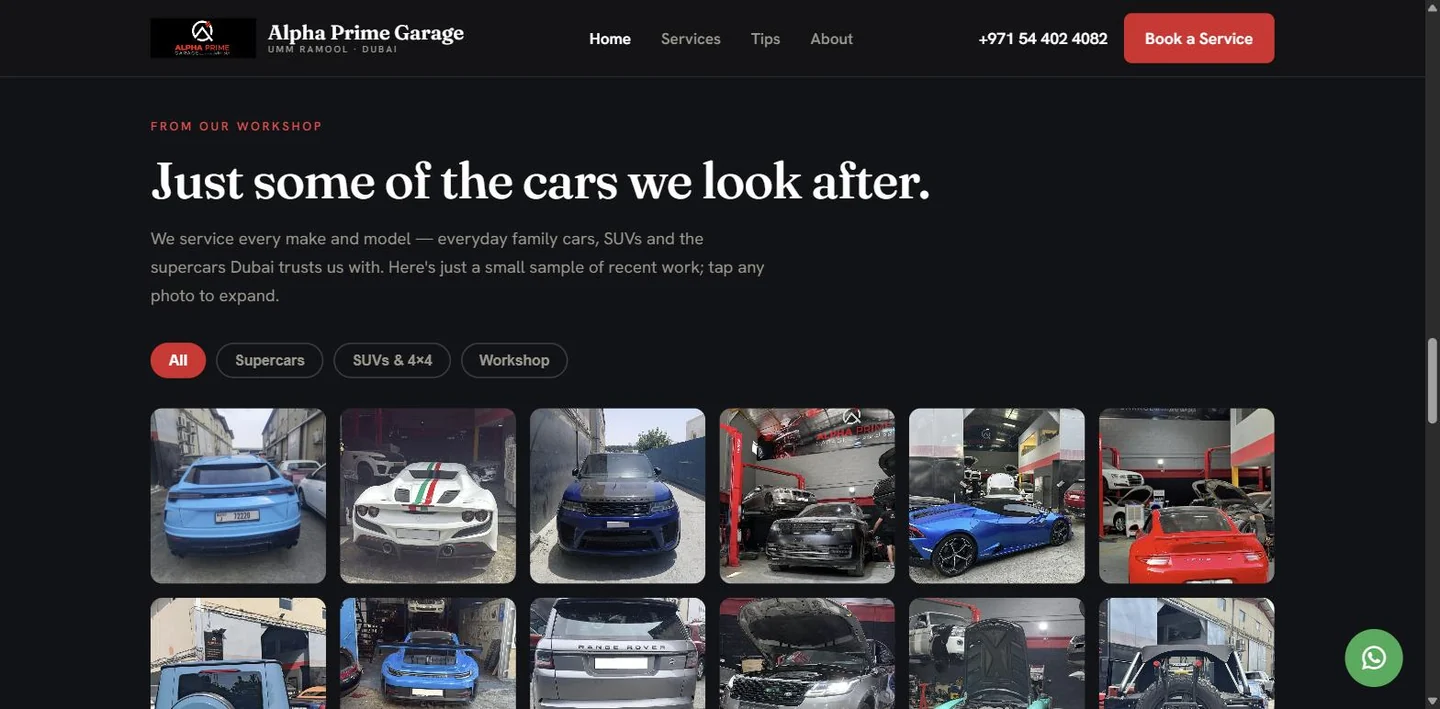 Alpha Prime Garage workshop gallery, headed "Just some of the cars we look after", with All, Supercars, SUVs and Workshop filter chips above a grid of photographs of cars in the workshop.
